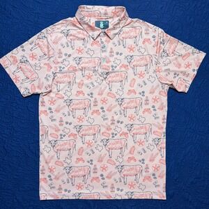 Raised by Coyotes Mens Large Texas BBQ Beef Cuts Polo USA Shirt Coral S/S